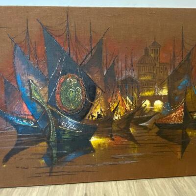 Mid Century Modern Large Wyman Ships Painting on Burlap Art