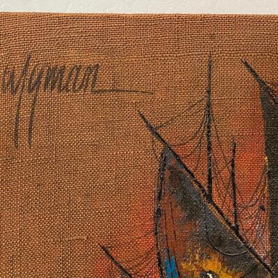 Mid Century Modern Large Wyman Ships Painting on Burlap Art