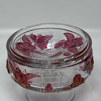Vintage Lidded Glass and Ruby Rose Candy Bowl