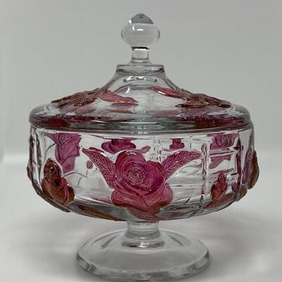 Vintage Lidded Glass and Ruby Rose Candy Bowl