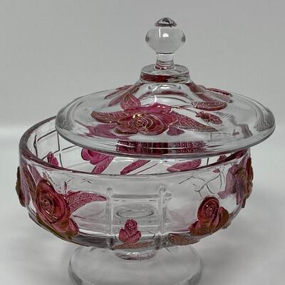 Vintage Lidded Glass and Ruby Rose Candy Bowl