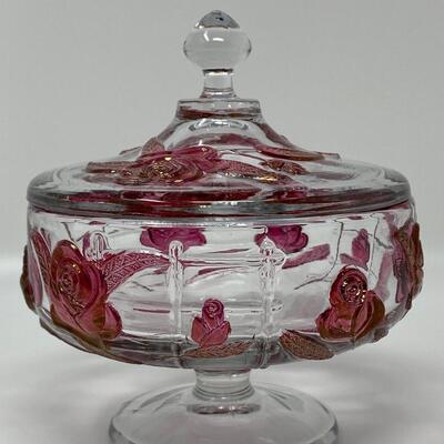Vintage Lidded Glass and Ruby Rose Candy Bowl
