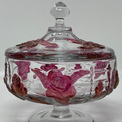 Vintage Lidded Glass and Ruby Rose Candy Bowl