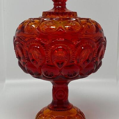 Vintage L. E. Smith Amberina Glass Moon and Stars Covered Compote Dish