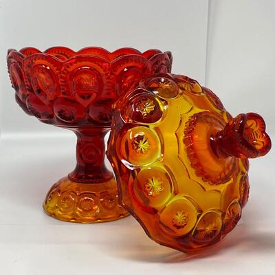 Vintage L. E. Smith Amberina Glass Moon and Stars Covered Compote Dish
