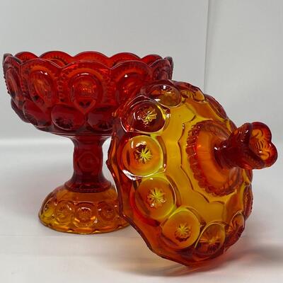 Vintage L. E. Smith Amberina Glass Moon and Stars Covered Compote Dish