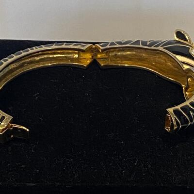 Vintage Black and Gold Enamel Zebra Hinged Bangle Bracelet