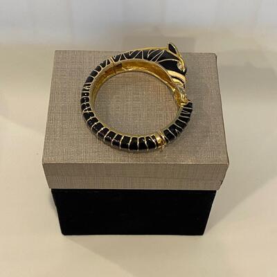 Vintage Black and Gold Enamel Zebra Hinged Bangle Bracelet