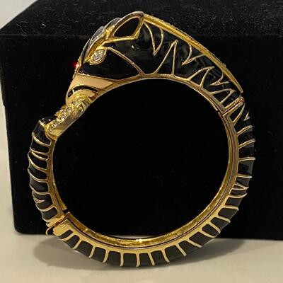 Vintage Black and Gold Enamel Zebra Hinged Bangle Bracelet