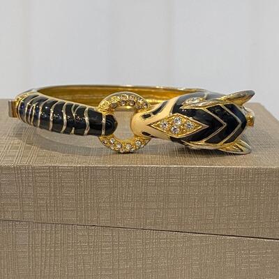 Vintage Black and Gold Enamel Zebra Hinged Bangle Bracelet