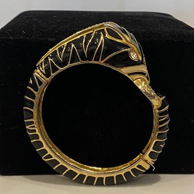 Vintage Black and Gold Enamel Zebra Hinged Bangle Bracelet