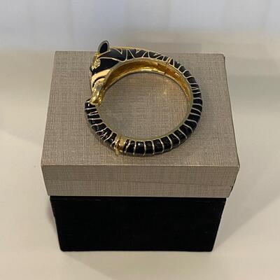 Vintage Black and Gold Enamel Zebra Hinged Bangle Bracelet
