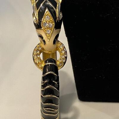Vintage Black and Gold Enamel Zebra Hinged Bangle Bracelet