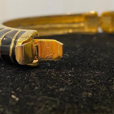 Vintage Black and Gold Enamel Zebra Hinged Bangle Bracelet