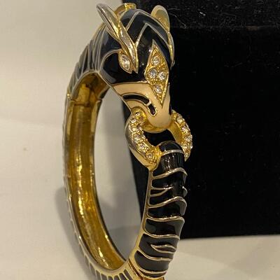 Vintage Black and Gold Enamel Zebra Hinged Bangle Bracelet