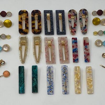 Collection of Vintage Enamel, Rhinestone, Glitter Flake Hair Clips