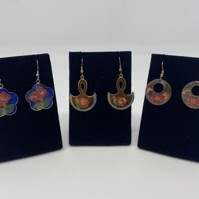Three Vintage Cloisonne Enamel Dangle Earrings
