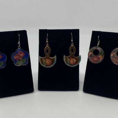 Three Vintage Cloisonne Enamel Dangle Earrings