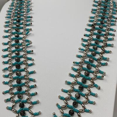 Hand-Made Turquoise Microbead and Silver Beaded Necklace