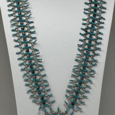 Hand-Made Turquoise Microbead and Silver Beaded Necklace