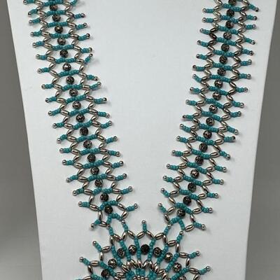 Hand-Made Turquoise Microbead and Silver Beaded Necklace