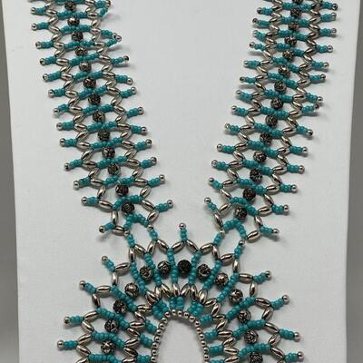 Hand-Made Turquoise Microbead and Silver Beaded Necklace