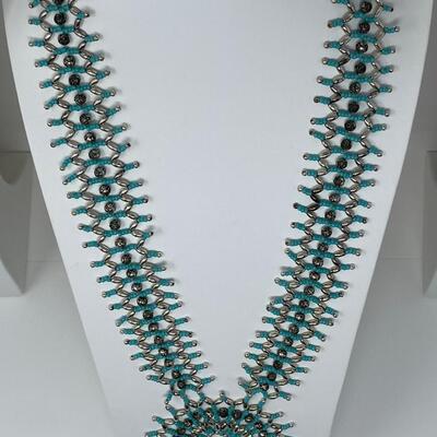 Hand-Made Turquoise Microbead and Silver Beaded Necklace