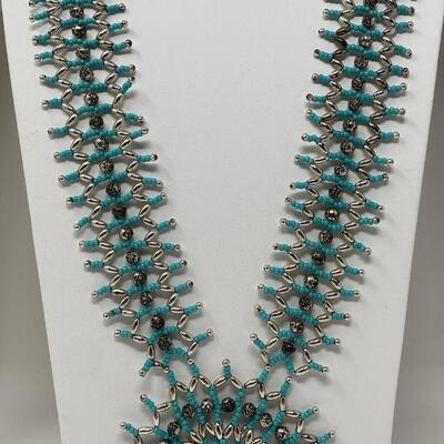 Hand-Made Turquoise Microbead and Silver Beaded Necklace
