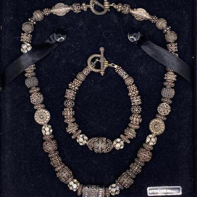 Sterling Silver Beaded and Rhinestone Necklace and Bracelet Set