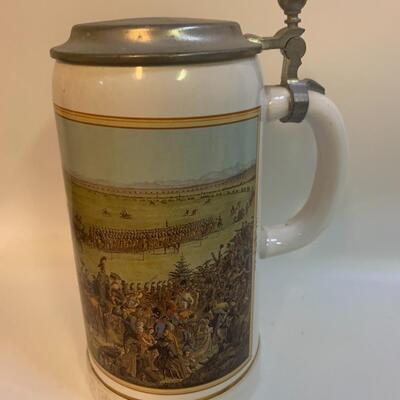 Vintage Gerz Oktoberfest Battlefield German Beer Lidded Stein - 9â€ high x 6â€ wide approx