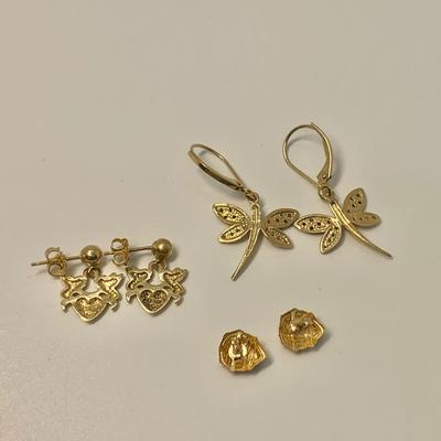 LOT 26:  4g tw  3 Pair Pierced Earrings - Dragonfly w/Diamond Chips, Ladybug & Cherub