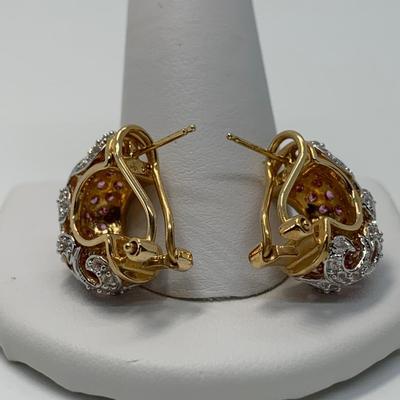 LOT 35: 14k 9.79g Yellow Gold Pink Sapphires & Diamonds Lever Back Pierced Earrings