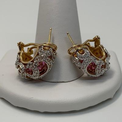 LOT 35: 14k 9.79g Yellow Gold Pink Sapphires & Diamonds Lever Back Pierced Earrings