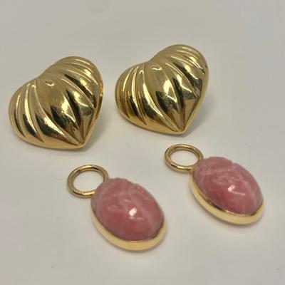 LOT 41: 14k 2.66g Heart Pierced Earrings w/Removable Rose Quartz Scarab Danglers 4.20g tw