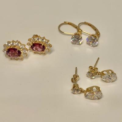 LOT 50: 14k 4.8g Pink Tourmaline & CZ Halo & 2 Pair CZ Pierced Earrings