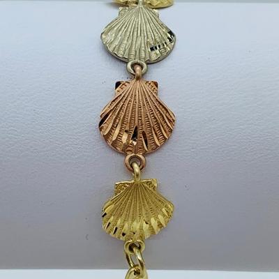 LOT 57: Tri-Color 14K Gold 7.5" "Shell" Bracelet - 9.32 gtw