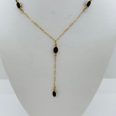 LOT 72: Black Onyx and 10K Gold "Y" Chain Necklace 18"  - 2.32 gtw