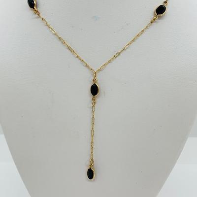 LOT 72: Black Onyx and 10K Gold "Y" Chain Necklace 18"  - 2.32 gtw