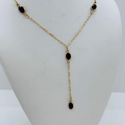 LOT 72: Black Onyx and 10K Gold "Y" Chain Necklace 18"  - 2.32 gtw