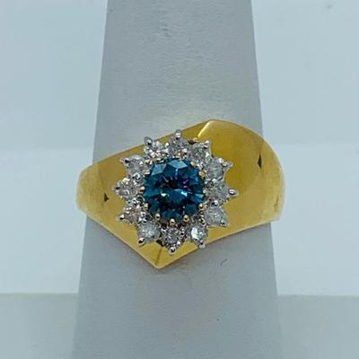 LOT 78: 14K Gold Teal Blue Montana Sapphire With Diamond Halo - Size 8 - 5.08 gtw