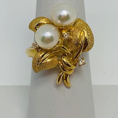 LOT 89: Cultured Pearl, Druzy & Diamond Chip 14K Gold Ring - Size 7 - 5.2 gtw
