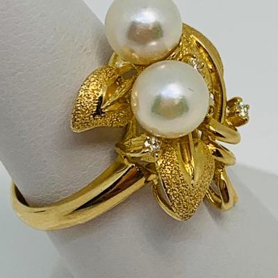 LOT 89: Cultured Pearl, Druzy & Diamond Chip 14K Gold Ring - Size 7 - 5.2 gtw