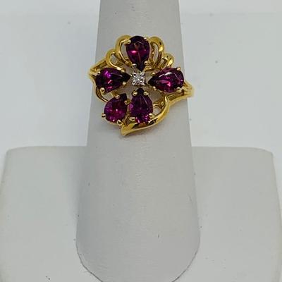 LOT 96: 14K Gold and Pink/Purple Sapphire w/ Diamond Chips Ring - Size 7 - 3.58 gtw