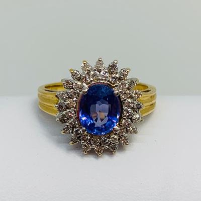 LOT 98: Nissko 14K Gold Tanzanite w/ Diamond Halo Ring - Size 7 - 3.44 gtw
