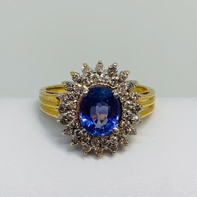 LOT 98: Nissko 14K Gold Tanzanite w/ Diamond Halo Ring - Size 7 - 3.44 gtw