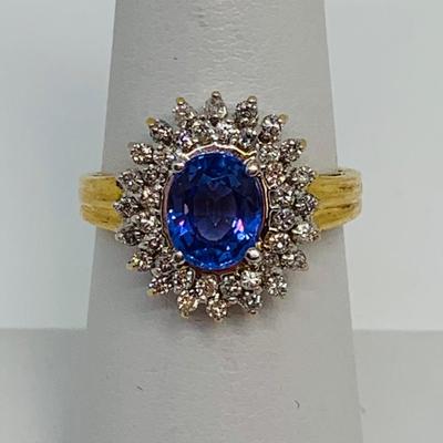 LOT 98: Nissko 14K Gold Tanzanite w/ Diamond Halo Ring - Size 7 - 3.44 gtw