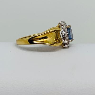 LOT 108: 14K Gold Tanzanite w/ Diamond Halo Size 7.5 Ring - 3.5 gtw