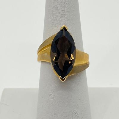 LOT 145: Large Marquis Cut Brown Topaz 10K Gold Size 7 Ring - 5.76 gtw