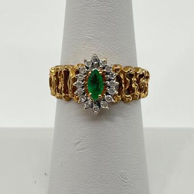 LOT 150: 18K Gold Marquis Cut Emerald Ring w/Diamond Halo - Size 7 - 4.32 gtw