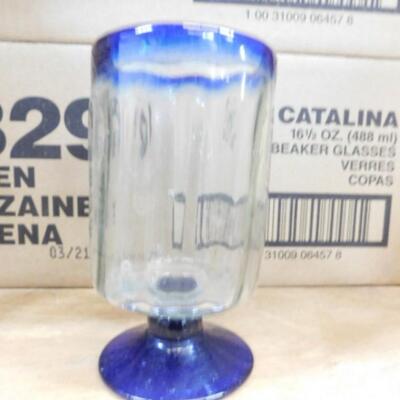 1 Box Commercial Grade Hand Blown Style Pedestal Drinking Glasses Blue Accents 1 Dozen Choice A (#36)